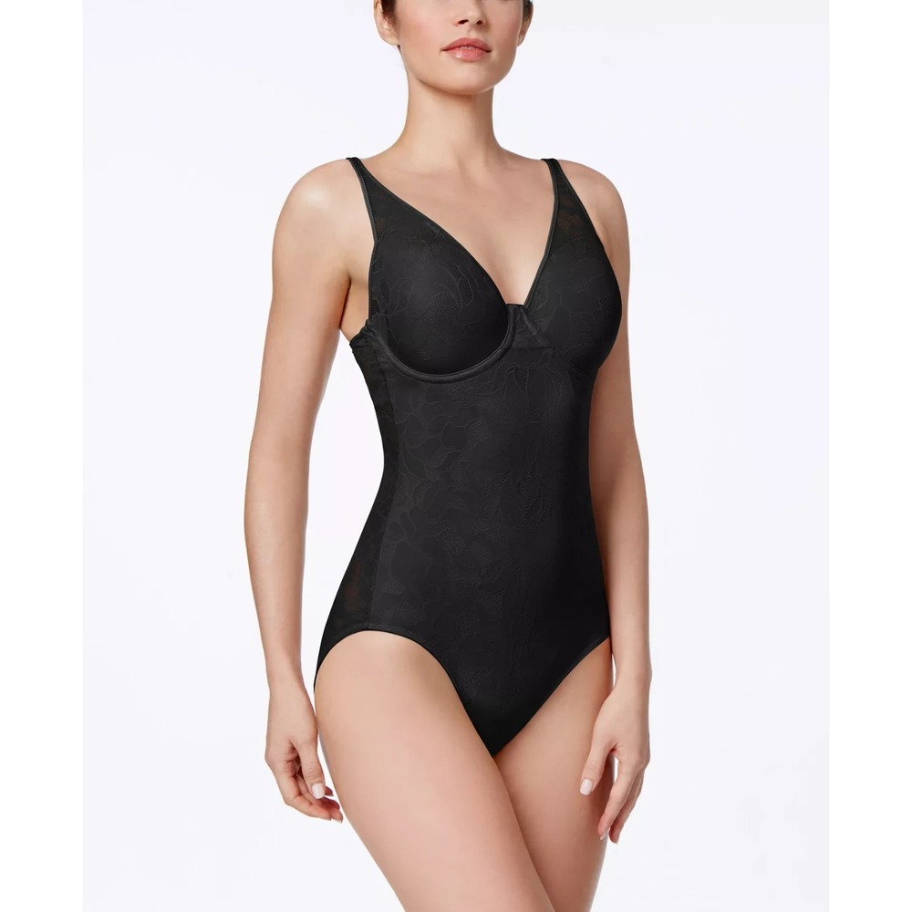 MAIDENFORM Women Ultra Light Tummy Control‎ Sheer Lace Bodysuit M6552 Black 38DD